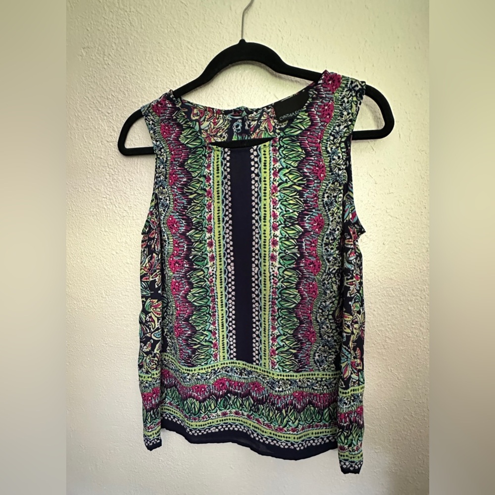 Cynthia Rowley Sleeveless Button Back Floral Boarder Print Blouse Size Medium